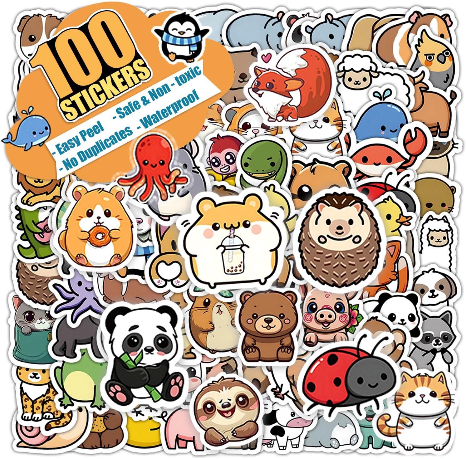100 PCS Water Bottle Stickers for Kids, Cute Vinyl Aesthetic Waterproof Stickers for Laptop, Bumper, Skateboard, Water Bottles, Computer, Phone, Cartoon Anime Stickers (Cute Animals)