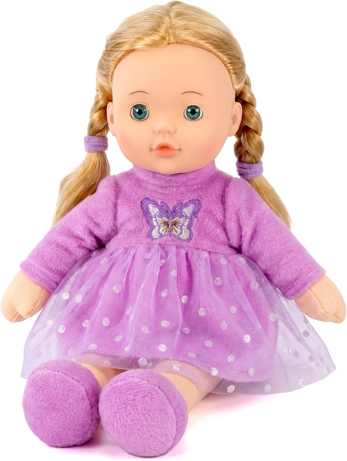 Bibi Doll 12" Rag Doll Maddie Tatters - Baby Dolls For Girls Boys - Rag Doll With Hair, Vinyl Styling Head, Soft Body, Open Close Eyes, Purple Clothes - Gifts For Girls Boys Ages 18 Months And Up