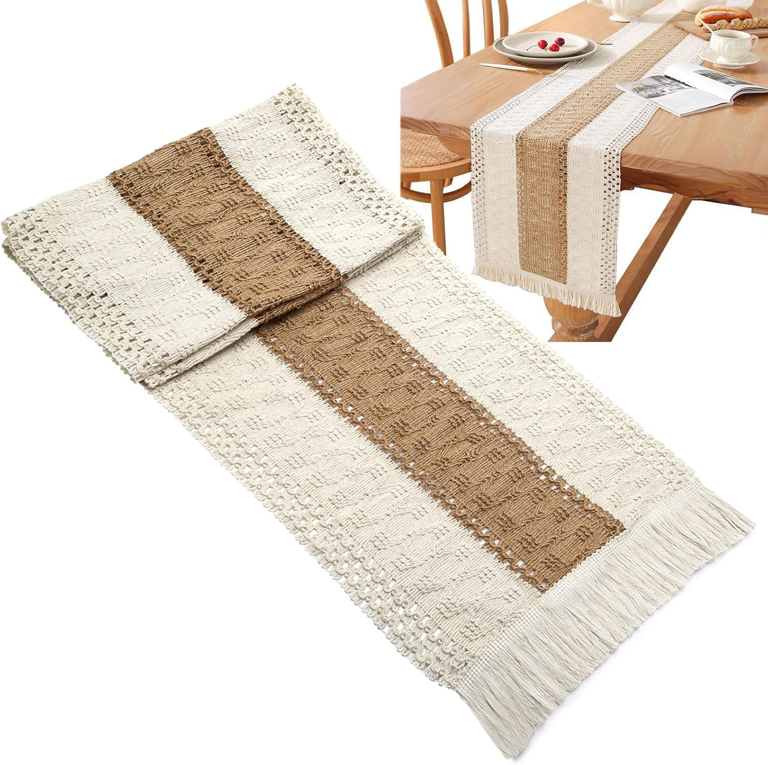 Table Runner, Natural Hessian Dining Table Runner with Tassels Rustic Style Cotton Linen Made Fireplace Mantle Centrepiece Decoration Home Holiday Party Decor 30cm/12inch Width (S1, 180cm/72in)