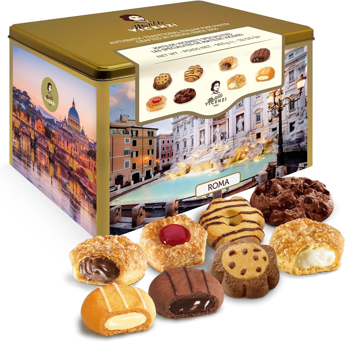 Matilde Vicenzi Roma Cookie Gift Tin - Italian Pastries & Cookies in Individually Wrapped Trays - Bakery Dessert Gifts For Birthdays, Thank You, Get Well and Every Special Occassion - Puff Pastry, Assorted Cookies in Italian Design Gift Tin 32.5oz (920g)