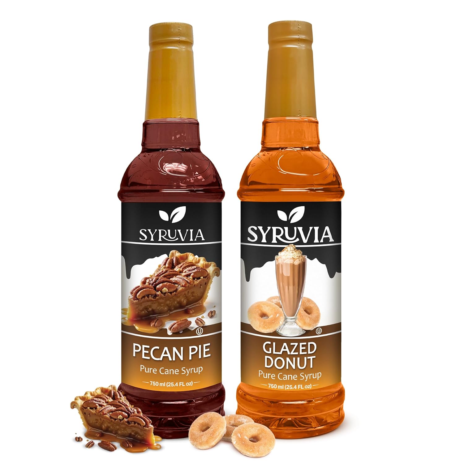 Syruvia Glazed Donut & Pecan Pie Coffee Syrup - 25.4 fl oz Premium Coffee Flavoring Syrup. No Coloring, Kosher, and Gluten-Free. Perfect for Drinks, Sodas, Shakes, Desserts, & More.