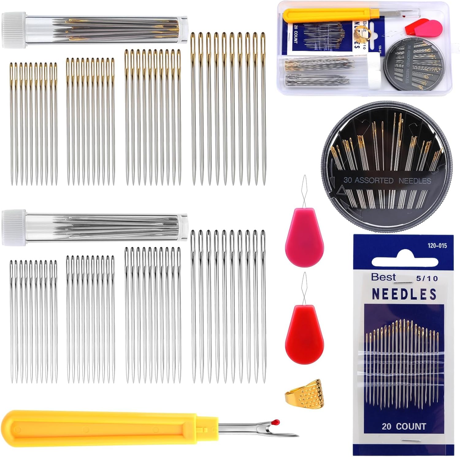 ENCHOL 137Pcs Large Eye Hand Sewing Needle Set, Large Eye Stitching Needles, Embroidery Needles with Needle Threaders, Stitch Remover & Thimble, Bottle Included