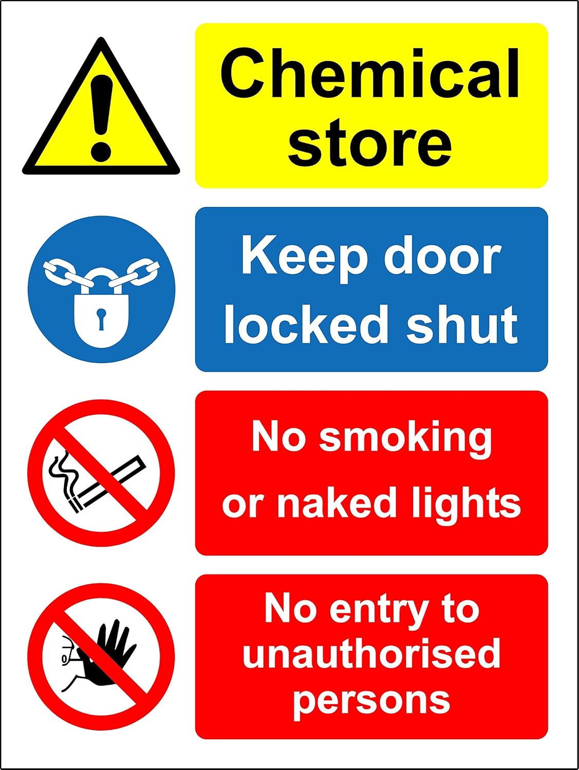 Chemical store keep door locked shut Safety sign - Self adhesive sticker 200mm x 150mm