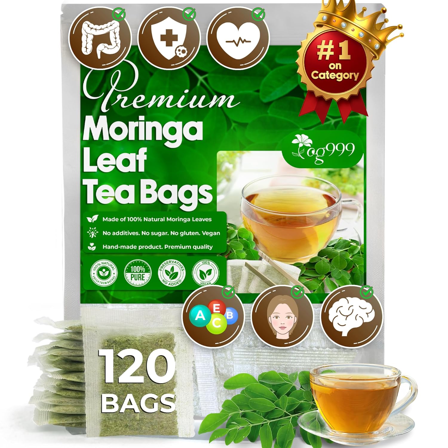 TOG999, Premium 120 Moringa Leaf Tea Bags, 100% Natural & Pure from Moringa Leaves. Loose Leaf Moringa Herbal Tea. Moringa Leaf Tea. No Sugar, No Caffeine, No Gluten, Vegan.