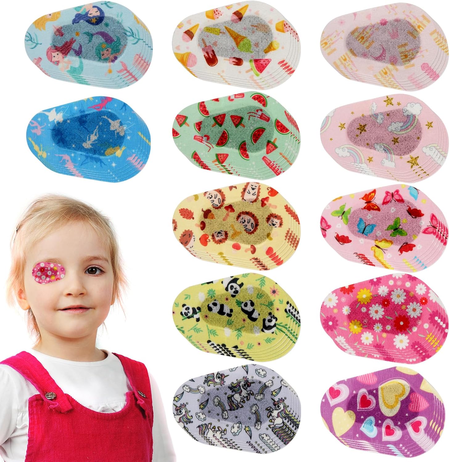 60pcs Eye Patches for Kids, 1.97x2.95 Inch Adhesive Eye Patch Bandage Soft Light-Blocking Eye Pads Mask Breathable Fabric Eye Patch Toddler Boys Girls Child Gift (12 Styles)