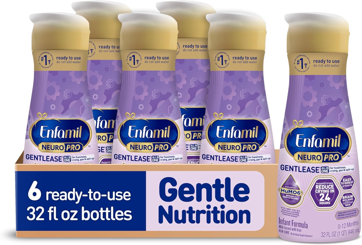 Enfamil NeuroPro Gentlease Baby Formula, Brain Building DHA, HuMO6 Immune Blend, Designed to Reduce Fussiness, Crying, Gas & Spit-up in 24 Hrs, Ready-to-Feed Infant Formula, Liquid, 32 Fl Oz (6 Count)