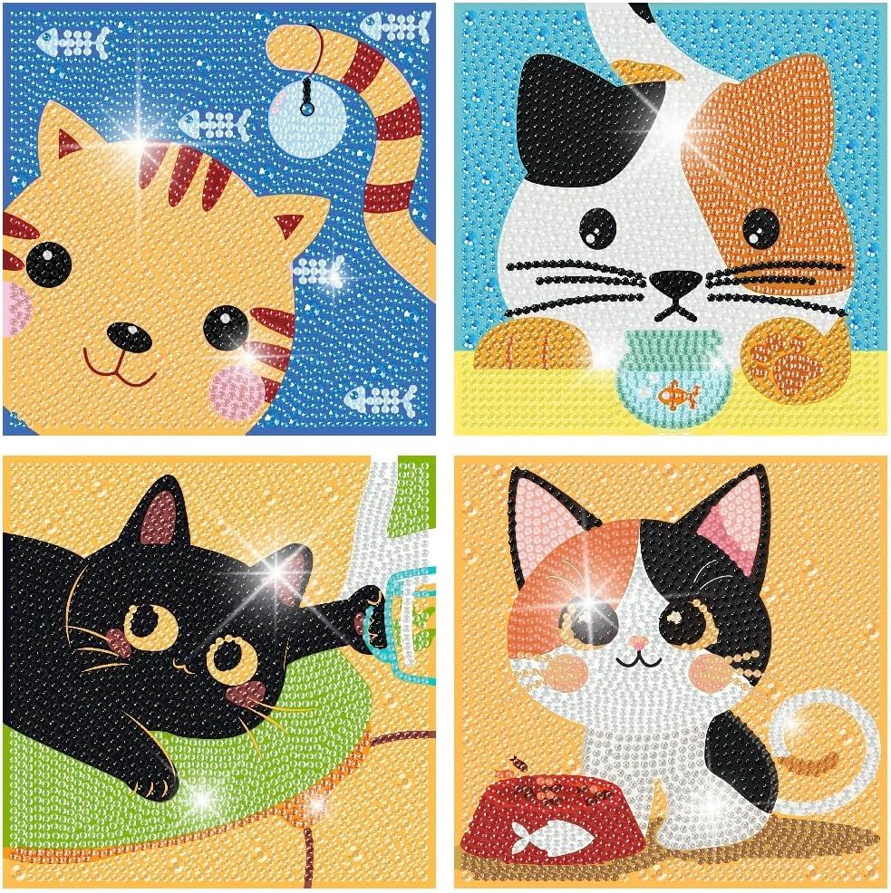 cdjlddww 4 Packs Cartoon Diamond Art Kits for Adults, 5D Cute Cat Diamond Arts Mosaic Kits for Adults Beginner, DIY Full Round Drill Gem Art for Home Wall Decor Adults Present 6X6 inch