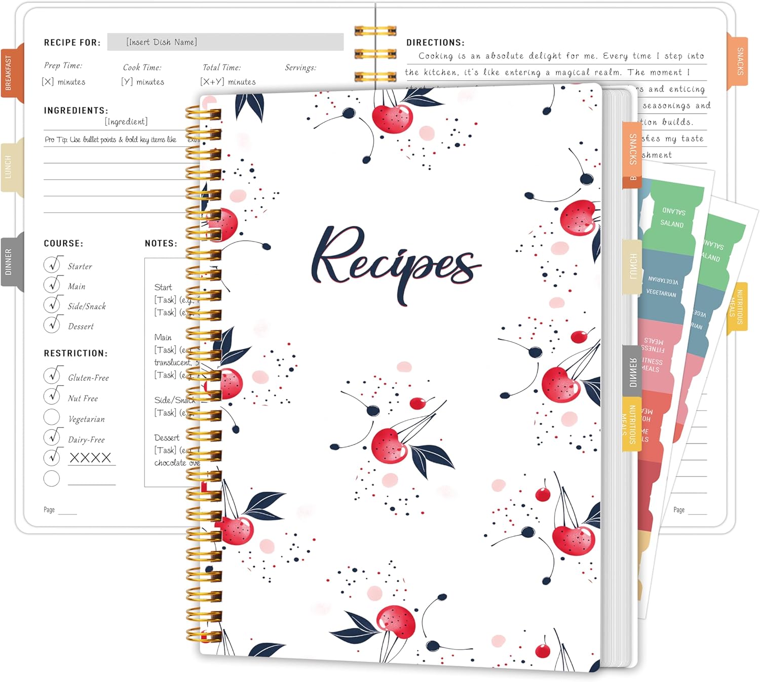 Recipe Book to Write in Your Own Recipes – Blank Recipe Book & Cookbook with Frosted Plastic Cover, Meal Planner & Conversion Charts with Tab Sticker, Spiral-Bound Durable Kitchen Gift (Cherry)