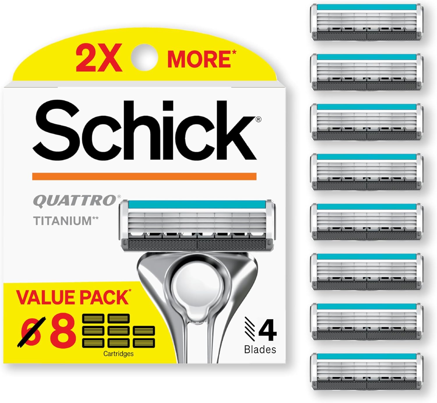 Schick Quattro Titanium Razor Refills, 8ct | Schick Razor Blades Refills, Razor Blades for Men, Shaving Blades for Men, Quattro Razor Refill, 4 Blade Razor Heads, 8 Refills