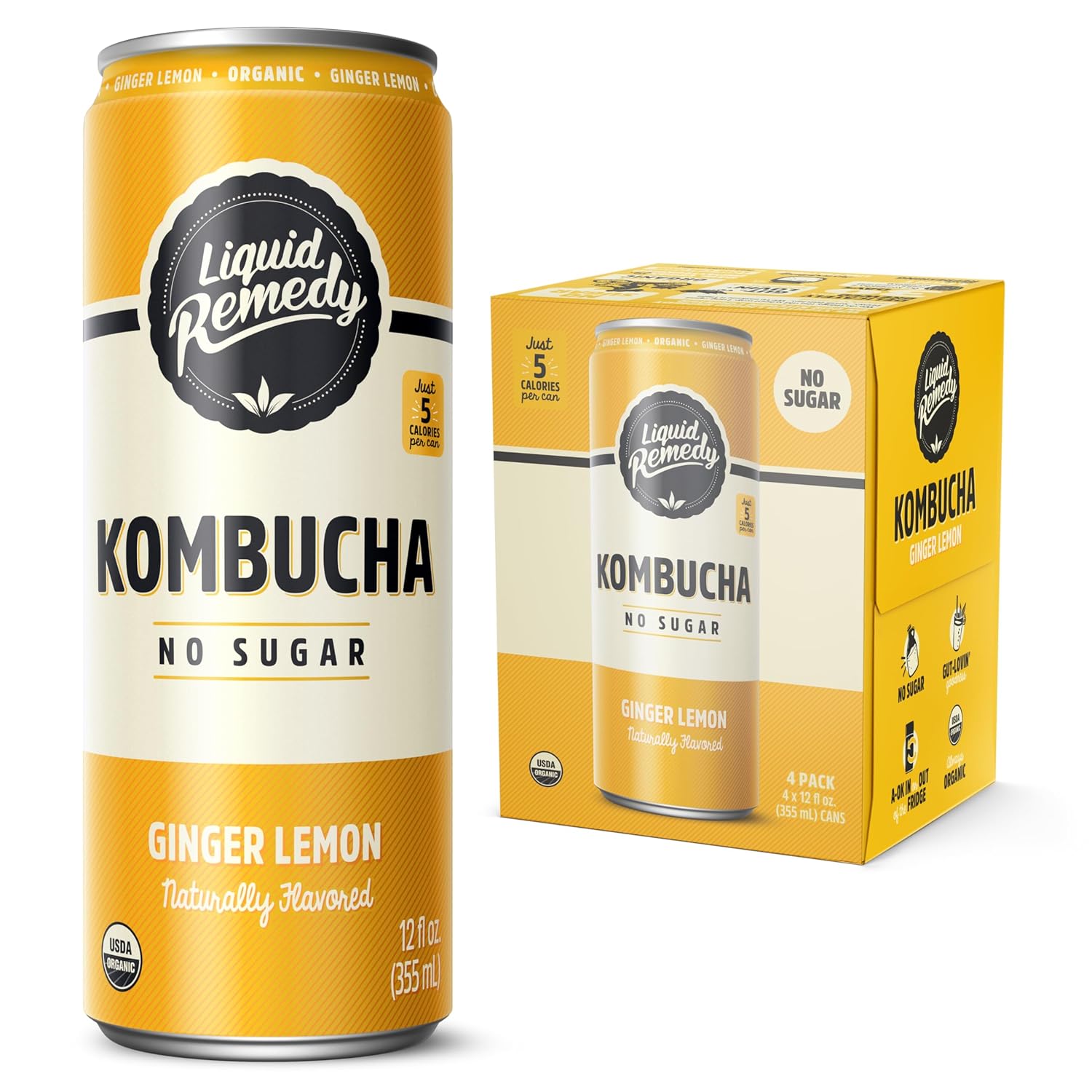 Liquid Remedy Kombucha Sugar Free Organic Drink, Low Calorie, Probiotic Like Tea for Gut Health - Ginger Lemon - 12 Fl Oz Can, 4-Pack