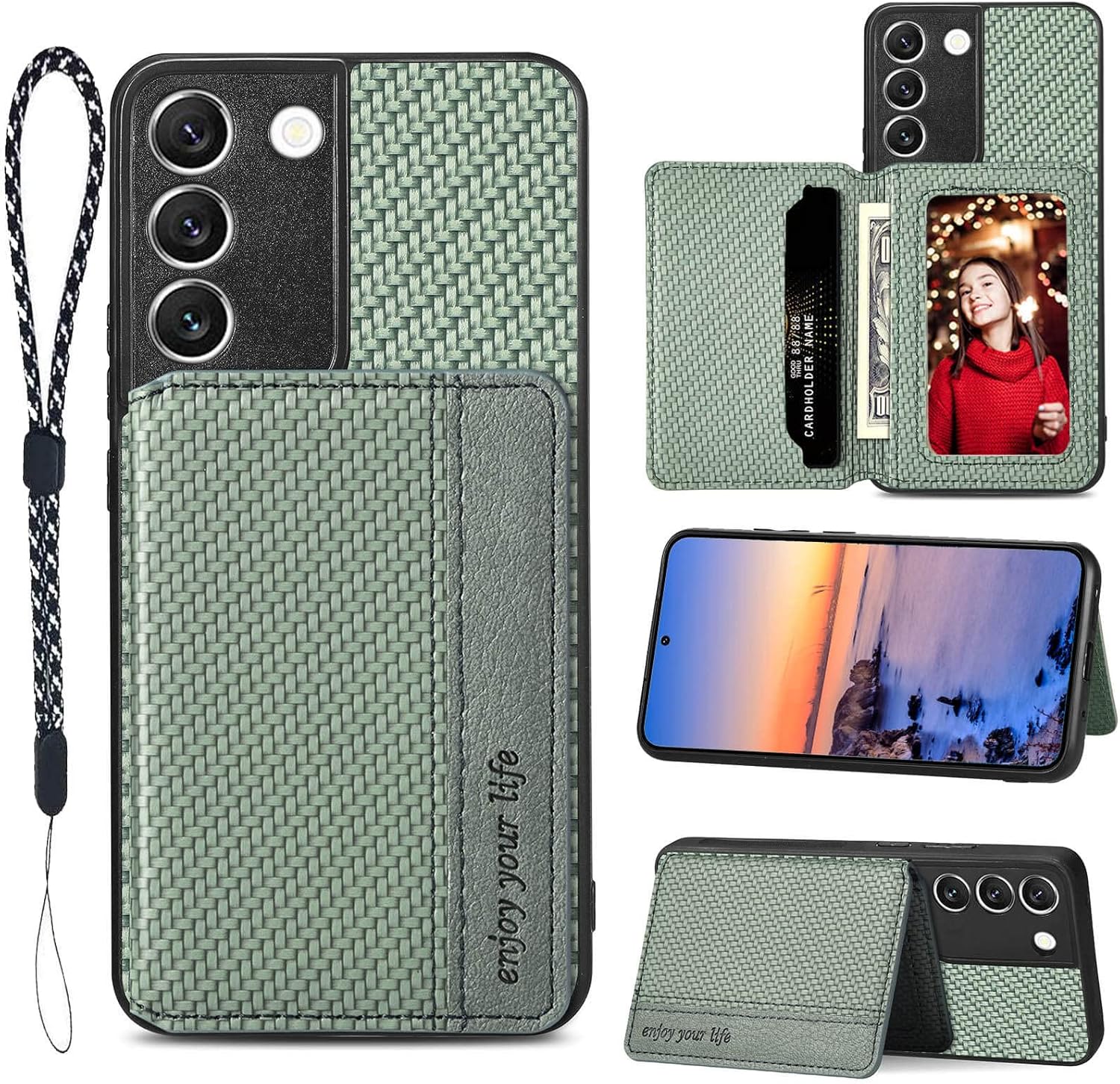 JanCalm for Samsung Galaxy S22 Case Card Holder, RFID Blocking, Kickstand, Camera Protector, PU Leather Shockproof Protective Flip Cover Phone Case (Green)