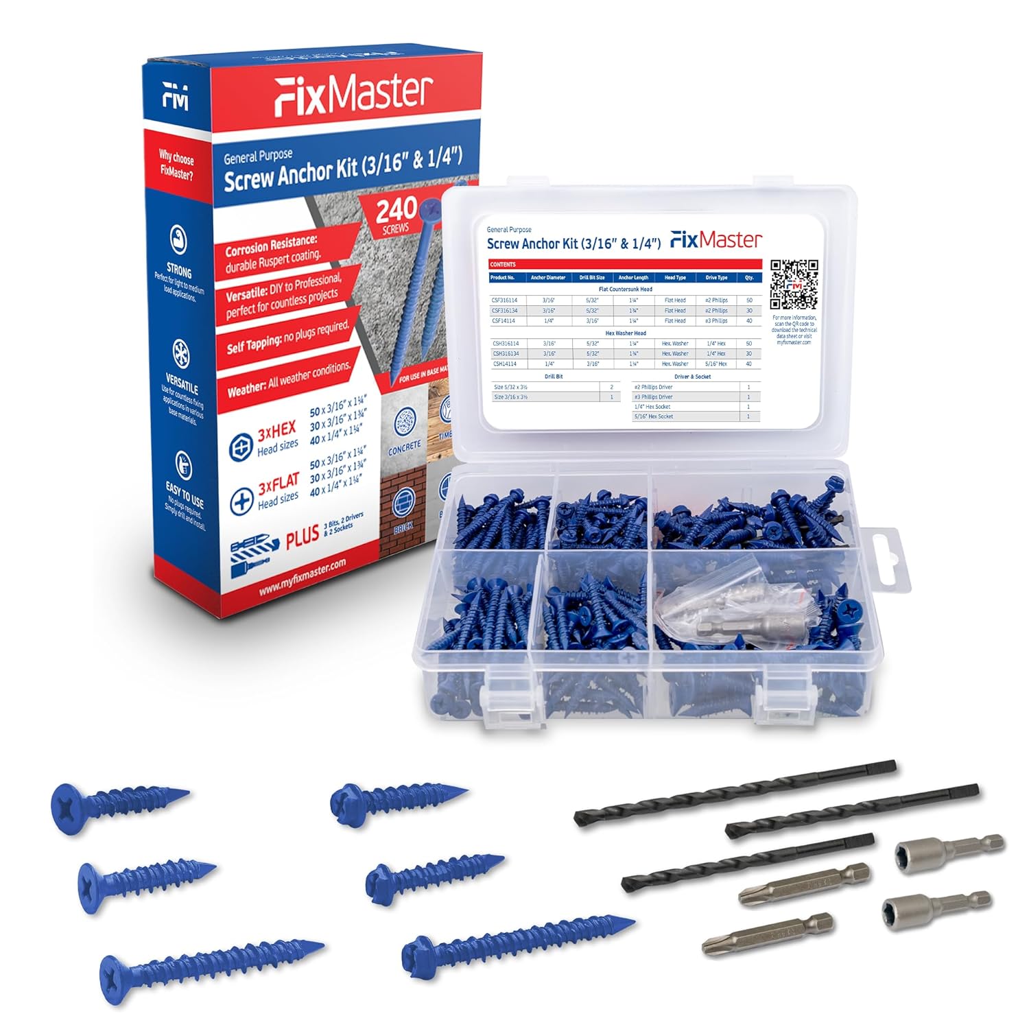 Blue Multi Purpose Blue Concrete Screw Mix Kit - 240 pcs (3/16x1-1/4, 3/16x1-3/4 & 1/4x1-1/4 w/ 2 Sockets & 3 Drill Bits - Use in Concrete, Masonry, Wood & Brick