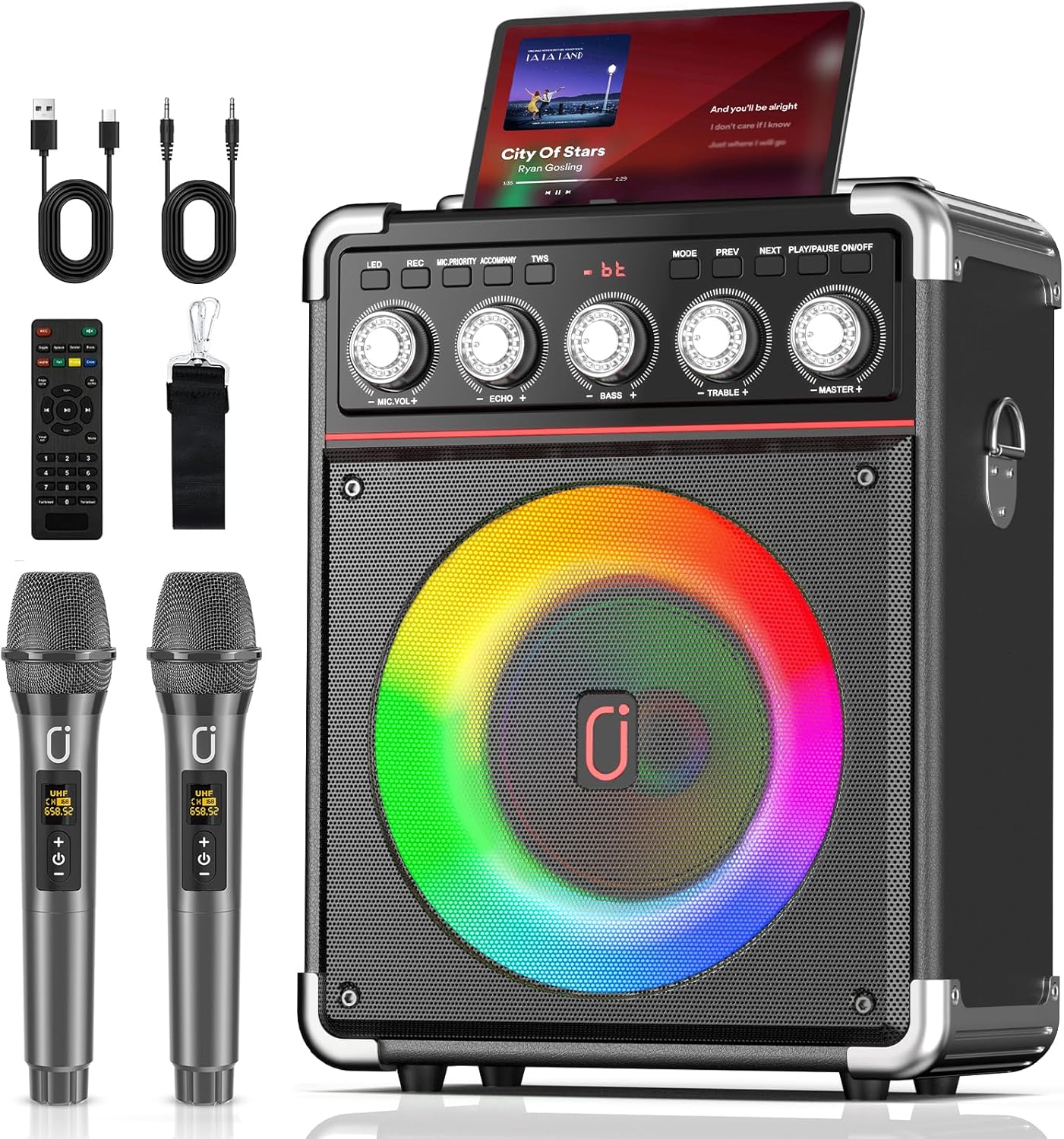 HWWR Karaoke Machine with 2 Microphones for Adults, Bluetooth Karaoke Speaker with Bass/Treble/Echo Adjustment, PA System with Remote Control/LED Lights, Support TWS/TV/USB/AUX/TF Card