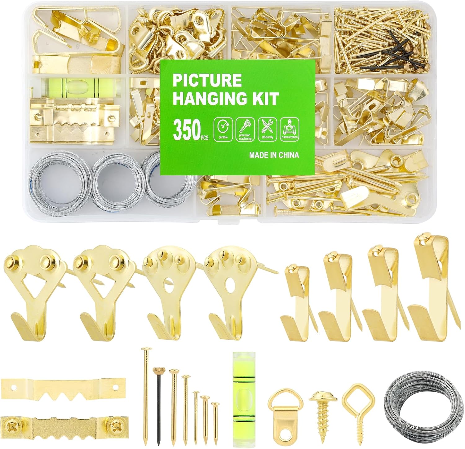 350PCS Picture Hanging Kit, Heavy Duty Photo Frame Hangers with Sawtooth Hardware, D Rings, Nails, Level, Screws, Steel Wire for Picture, Painting, Mirror, Wall Art Mounting