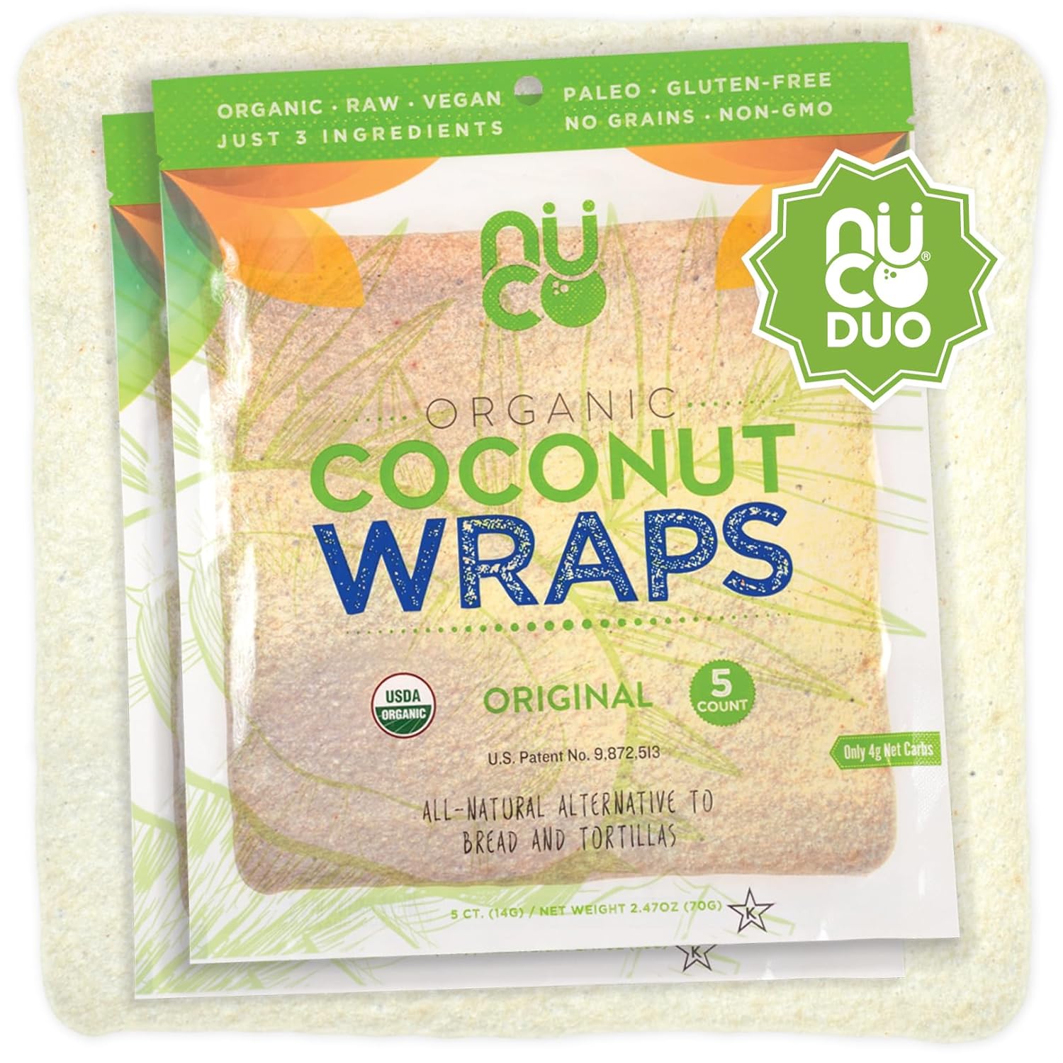 NUCO DUO Certified Organic, SHELF STABLE, All Natural, Paleo, Gluten Free, Vegan Non-GMO, Kosher Raw Veggie NUCO Coconut Wraps. NO Salt Added Low Carb and Yeast Free 10 Count