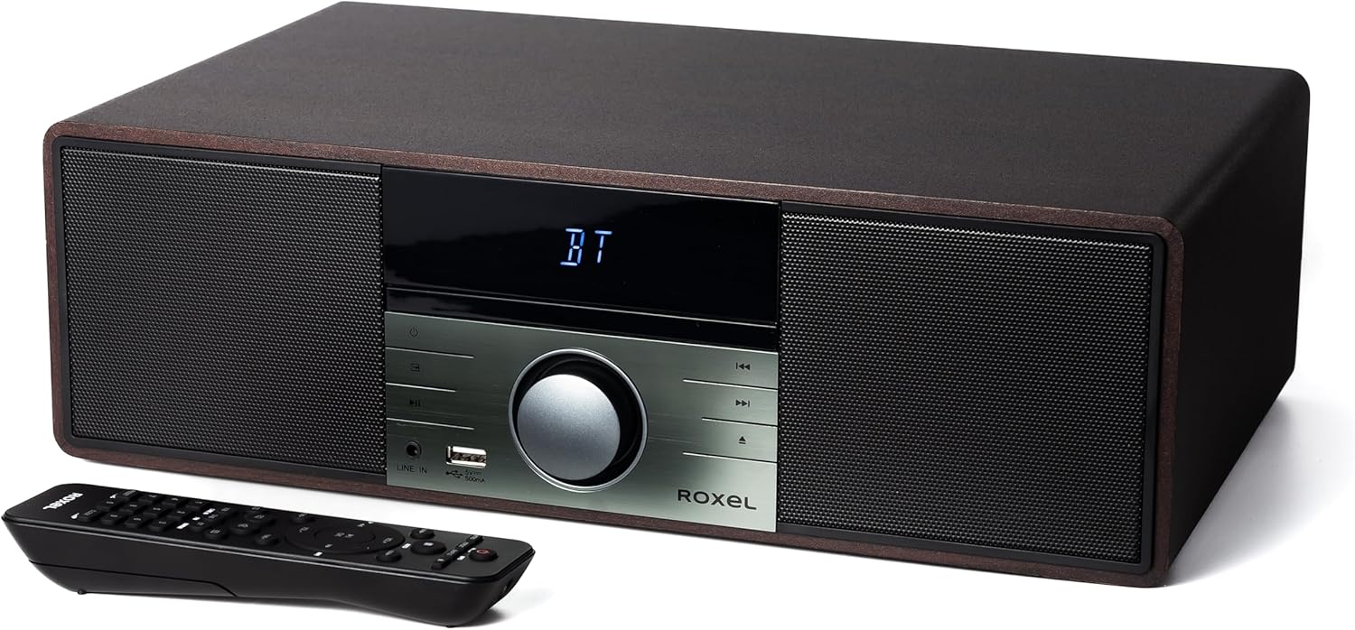 ROXEL RCD 400 All In One Compact CD Player HI-FI System DAB/DAB+ Radio, CD/MP3 Player/USB PLAYBACK with Speakers, Wireless playback, FM & Digital Radio and White Led Display & Stylish Wooden Contour