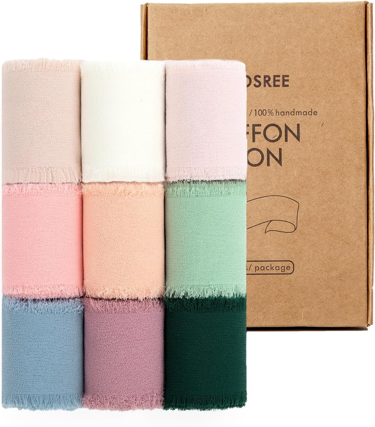 KEOSREE 9 Rolls Multicolour Handmade Chiffon Ribbon,1.5" x 21Yd Frayed Fringe Silk Ribbons (9 Rolls *2.3Yd) for Gifts Wrapping, Wedding Invitations, Bridal Bouquets, Decorations