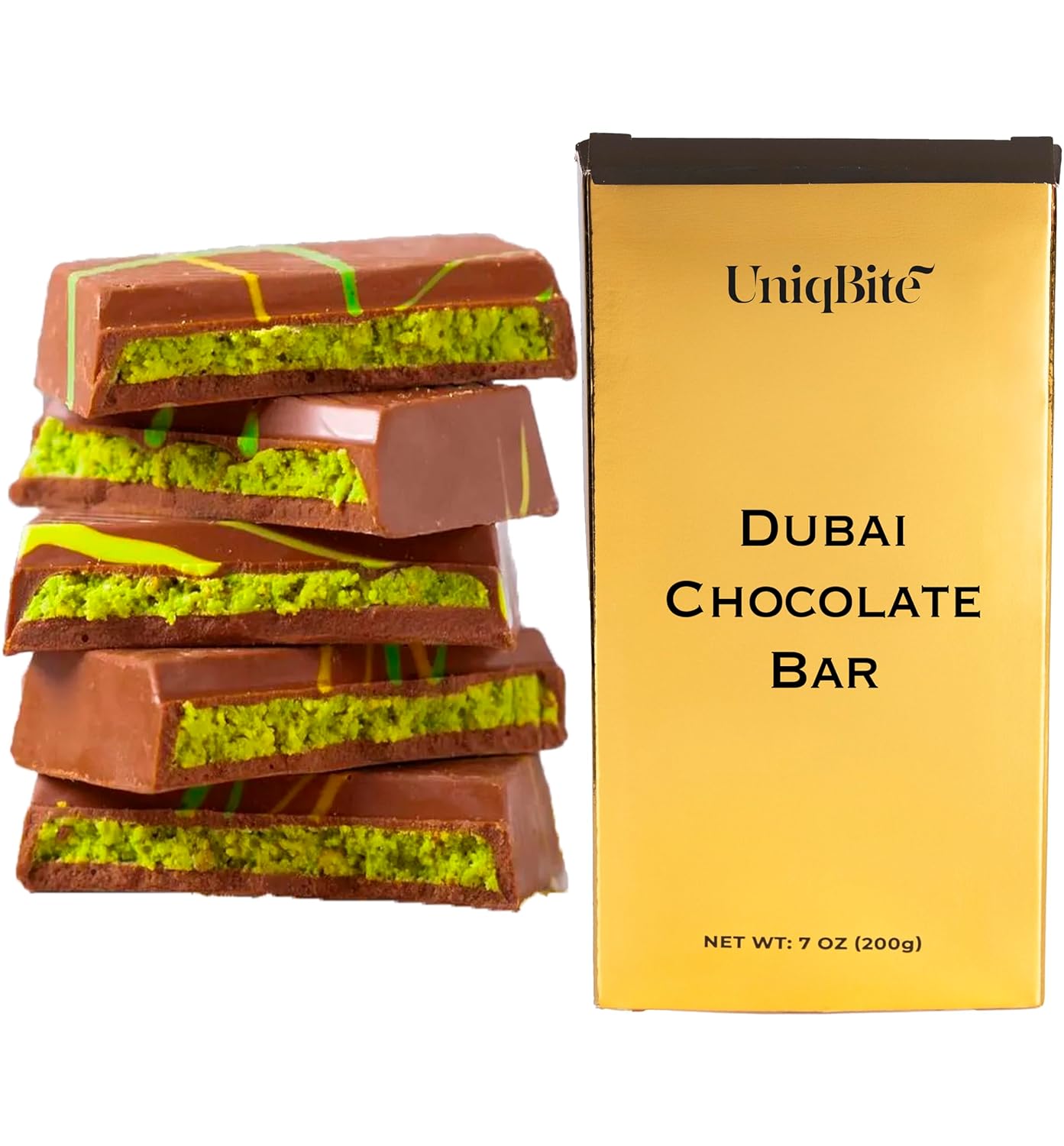 UniqBite Dubai Chocolate Bar Pistachio, 7 oz (200gr), Crunchy Loaded Knafeh Chocolate Bar with Pistachio Cream and Kataifi