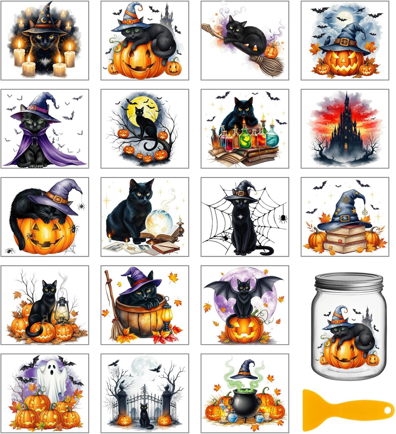 GLOBLELAND 18 Sheets Colorful Halloween Animals Rub on Transfers for Vase Crafts 3.9x3.6inch Black Cats UV DTF Cup Wraps Decals Pumpkins Bats Transfer Stickers for Furniture Glass Bottle Decorations