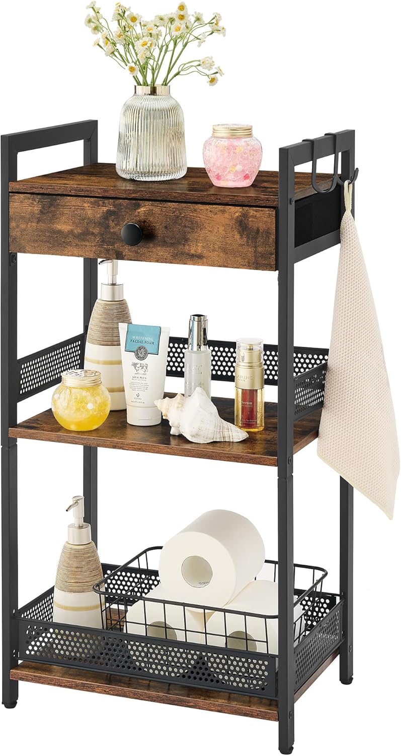 Bathroom Ladder Shelf, 3-Tier Bathroom Floor Storage Shelf with Drawer, Freestanding Towel Shelf, Bookcase End Table Open Shelving Unit for Living Room Bathroom Bedroom Balcony, Rustic Brown