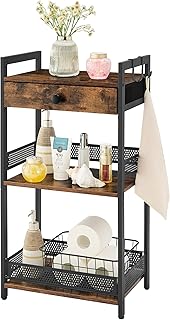 Bathroom Ladder Shelf, 3-Tier Bathroom Floor Storage Shelf with Drawer, Freestanding Towel Shelf, Bookcase End Table Open Shelving Unit for Living Room Bathroom Bedroom Balcony, Rustic Brown