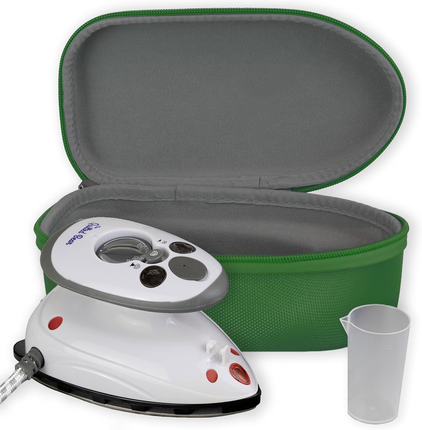 The Quilted Bear Mini Iron - Lightweight Mini Travel Iron with Steam Function, Ceramic Sole Base Plate & Temperature Gauge for Quilting, Craft & Travel (Green Case)