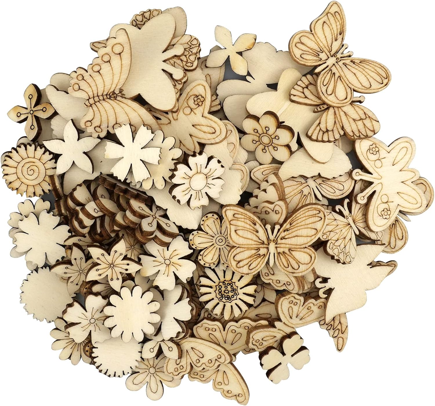 quiodok 200pcs Natural Wooden Craft Wood Flower Leaves Crafts Butterfly Craft Wooden Wood Slices Tag Decoupage Embellishments Ornaments for DIY Party Craft Card Making and Wedding Decorations