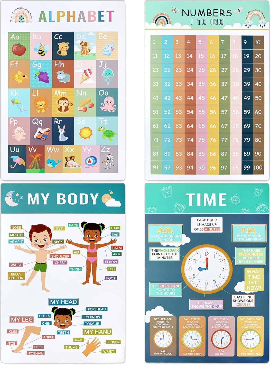 ICEBLUEOR 4 Pieces Educational Posters, Wall Learning Chart Alphabet Number Time and Body Learning Posters for Toddlers Kids Kindergarten Preschool Family Early Education, Classroom Decoration