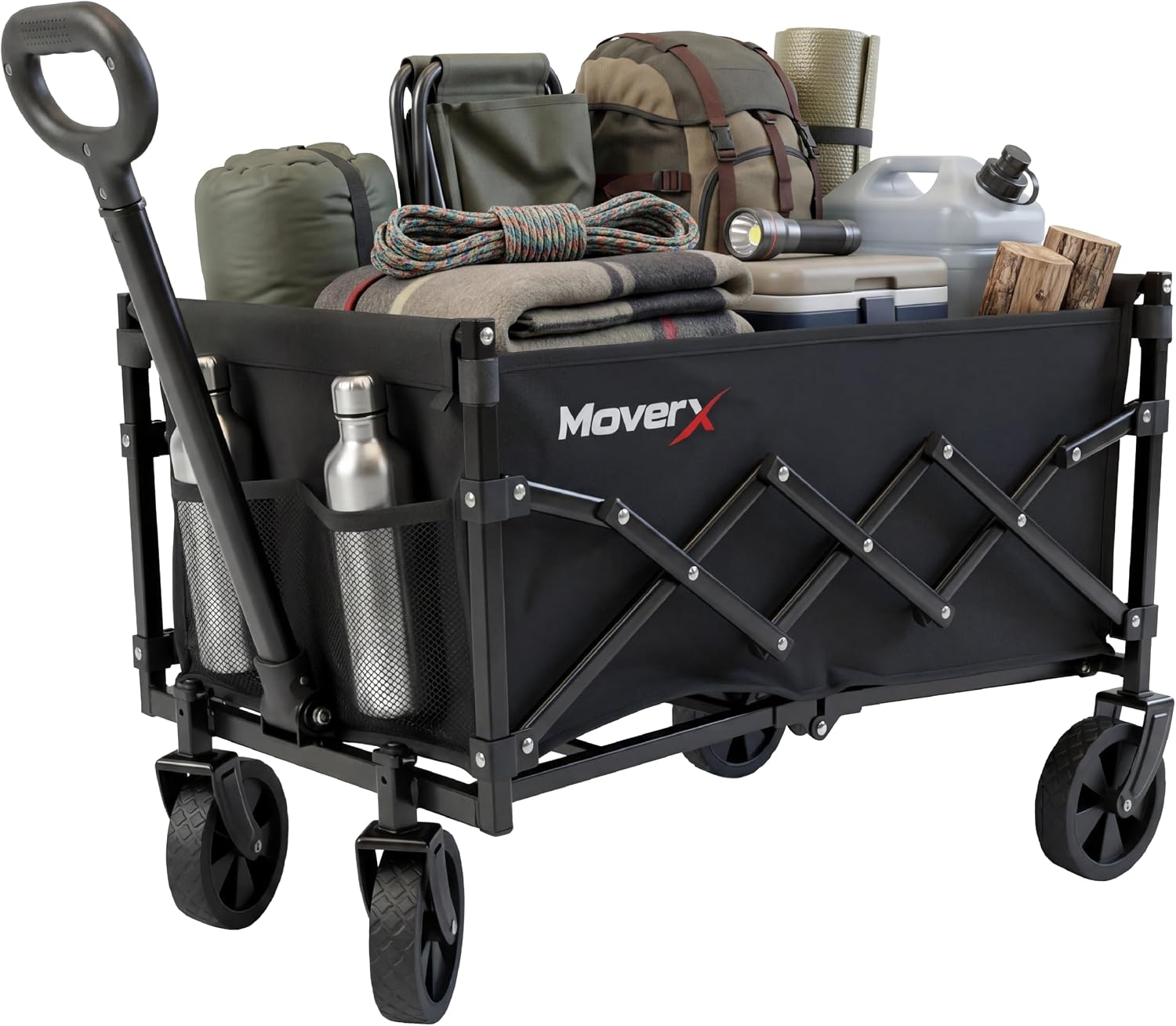 MoverX 70L Festival Trolley on Wheels, Folding Wagon, Portable Camping Cart, Collapsible Foldable Trolly for Beach Outdoor Garden Picnic Shopping Fishing, Adjustable Handle, Black