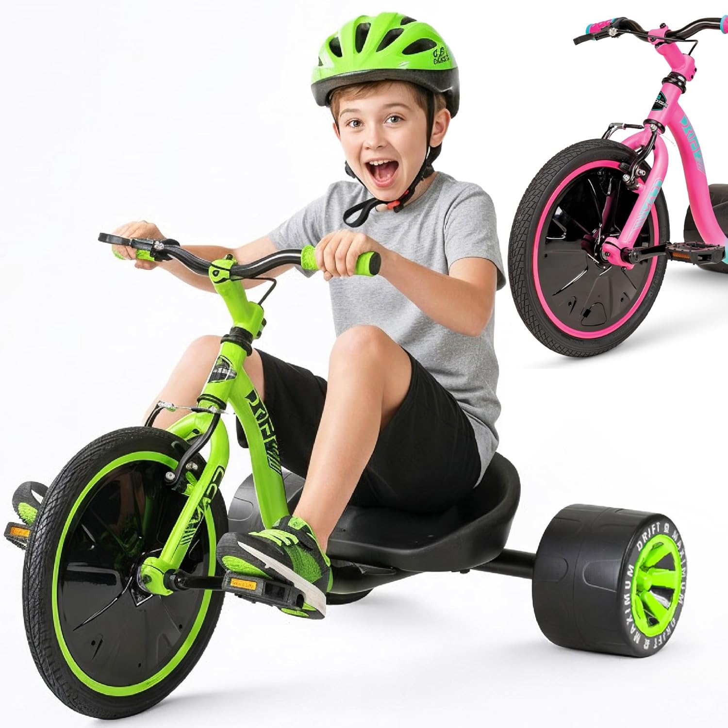 Drift Trike for Kids Ages 5+ 16" Front Wheel Ride-On with Adjustable Seat, Steel Frame, Rear Slick Drift Wheels & Safety Flag – Madd Gear Green Black