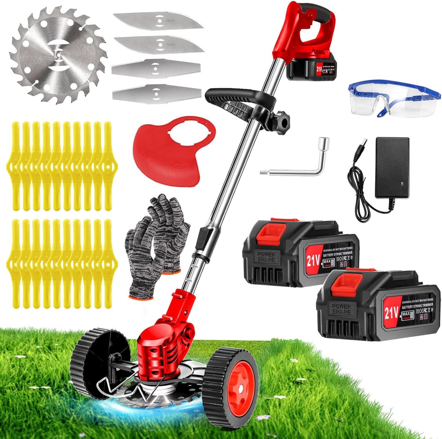 Cordless Weed Wacker, Electric Grass Trimmer 21V 4.0Ah Battery Powered Weed Trimmer, 3 in 1 Stringless Lightweight Brush Cutter/Edger/Mower with 3 Types Blade & Wheels for Garden and Yard Lawn