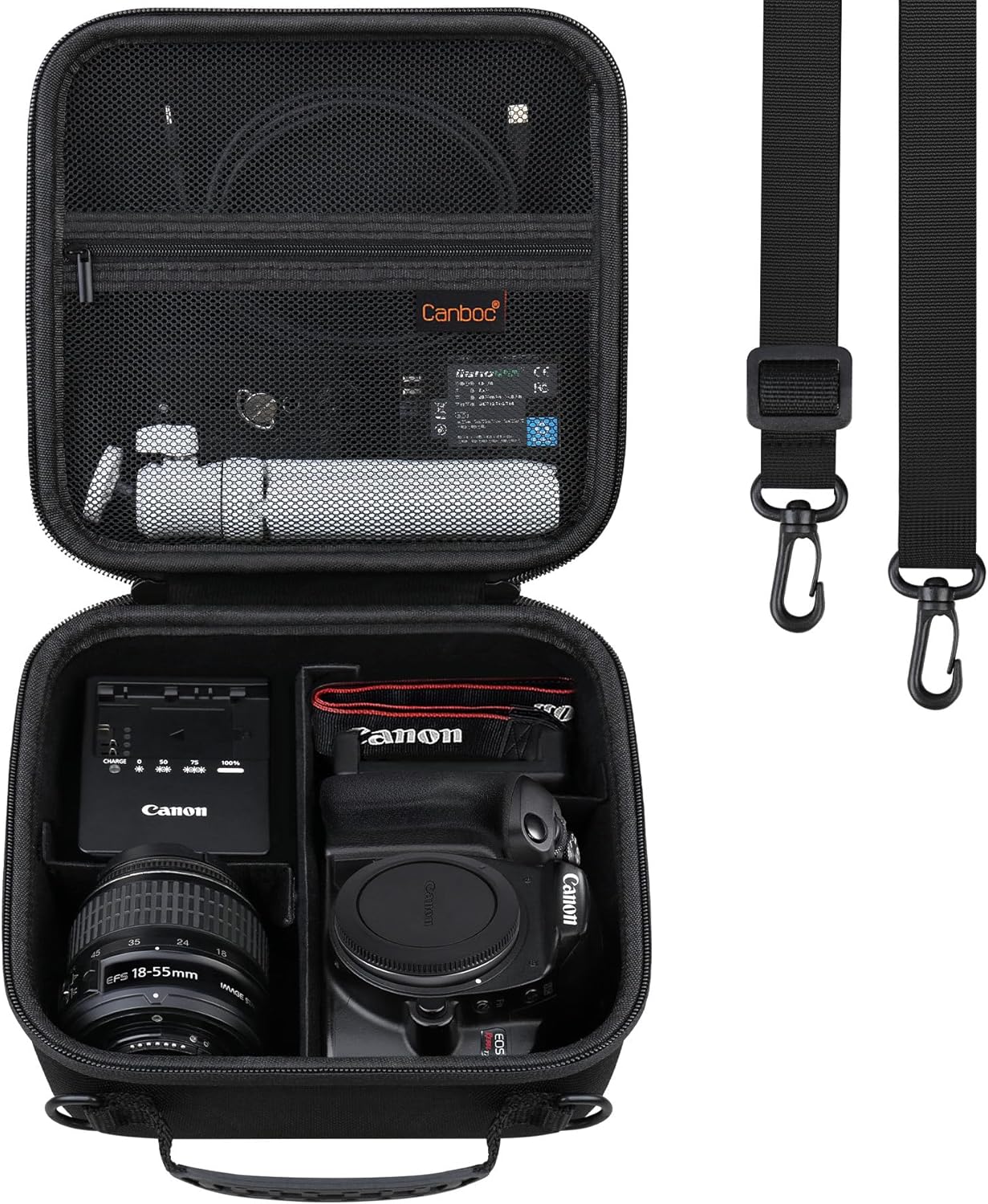 Canboc Carrying Case for Canon EOS Rebel T7/ R50/ R50 V/ R6 Mark II/ R100/ R8/ R7/ R5/ 90D/ 5D Mark IV DSLR Camera and 18-55mm Lens, Camera Bag with Shoulder Strap and 3 Dividers, Black (Case Only)