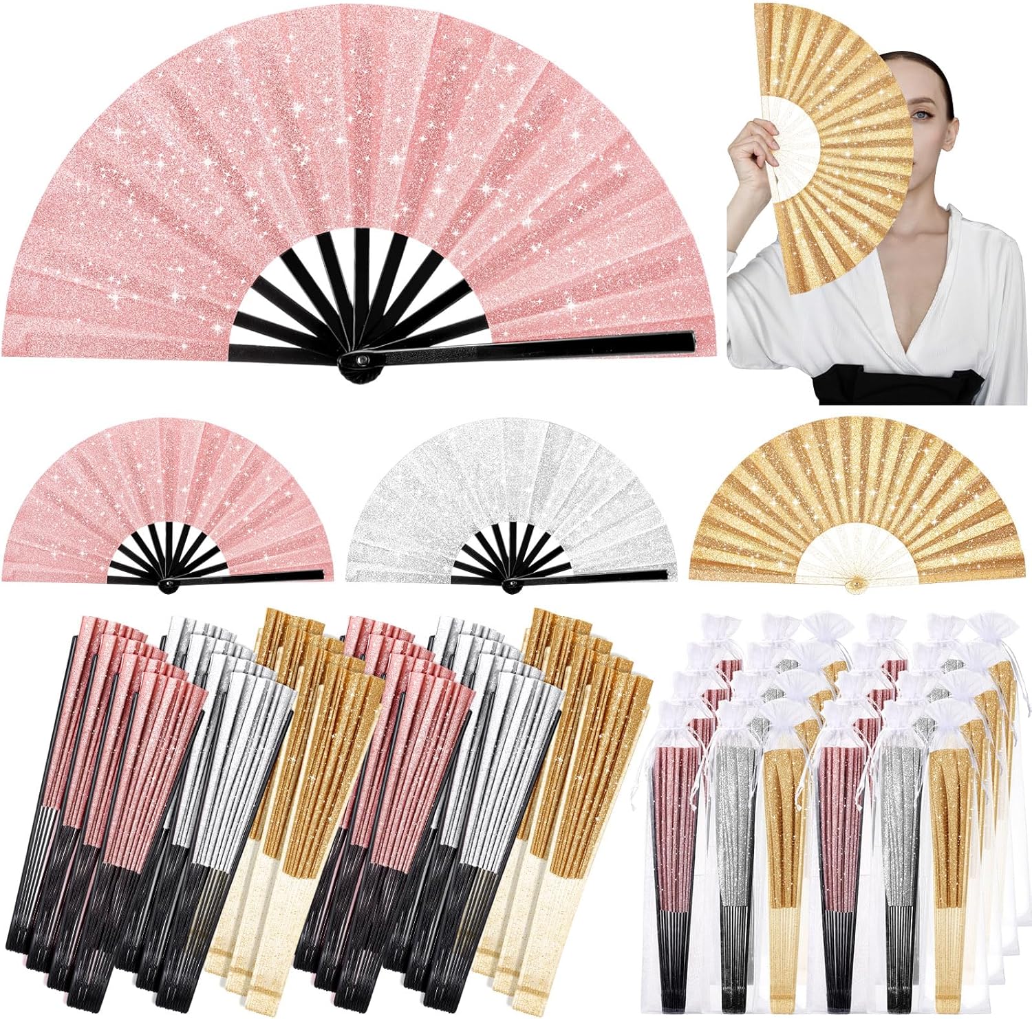 24 Pcs Large Glitter Rave Fan Bulk, Folding Handheld Glitter Fans with Organza Bag, Chinese Tai Chi Kung Fu Fans, for Line Dance Party Outdoor Performance Events(Gold Rose, Gold, Silver)
