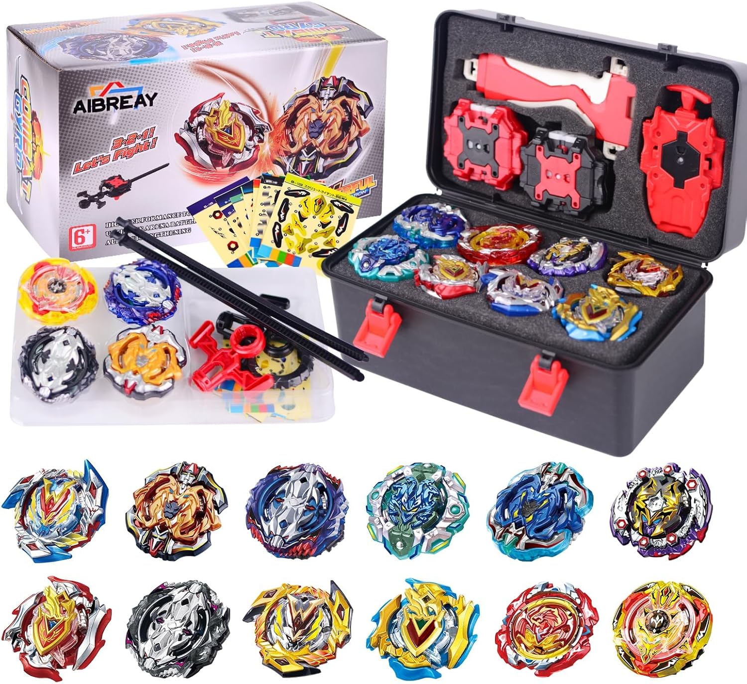 AIBREAY Battling Tops Burst Set - 12Pcs Gyros & 2 Toupie Launchers & 1 String Launcher & 1 Grip, Battle Gyro Burst, Toupie Spinning Tops with Storage Box, Kid Toys for 6+ Years Old, Boys Gift