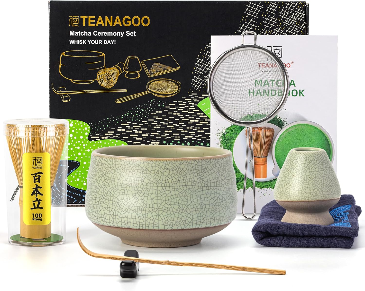 TEANAGOO Matcha Set, 7 Pcs Matcha Kit for Ceremony, Matcha Whisk Set, Ceramic Matcha Bowl, Matcha Tea Set for Making Breakfast/Matcha Latte, Bamboo Matcha Whisk (Chasen), Gift for Matcha Lover