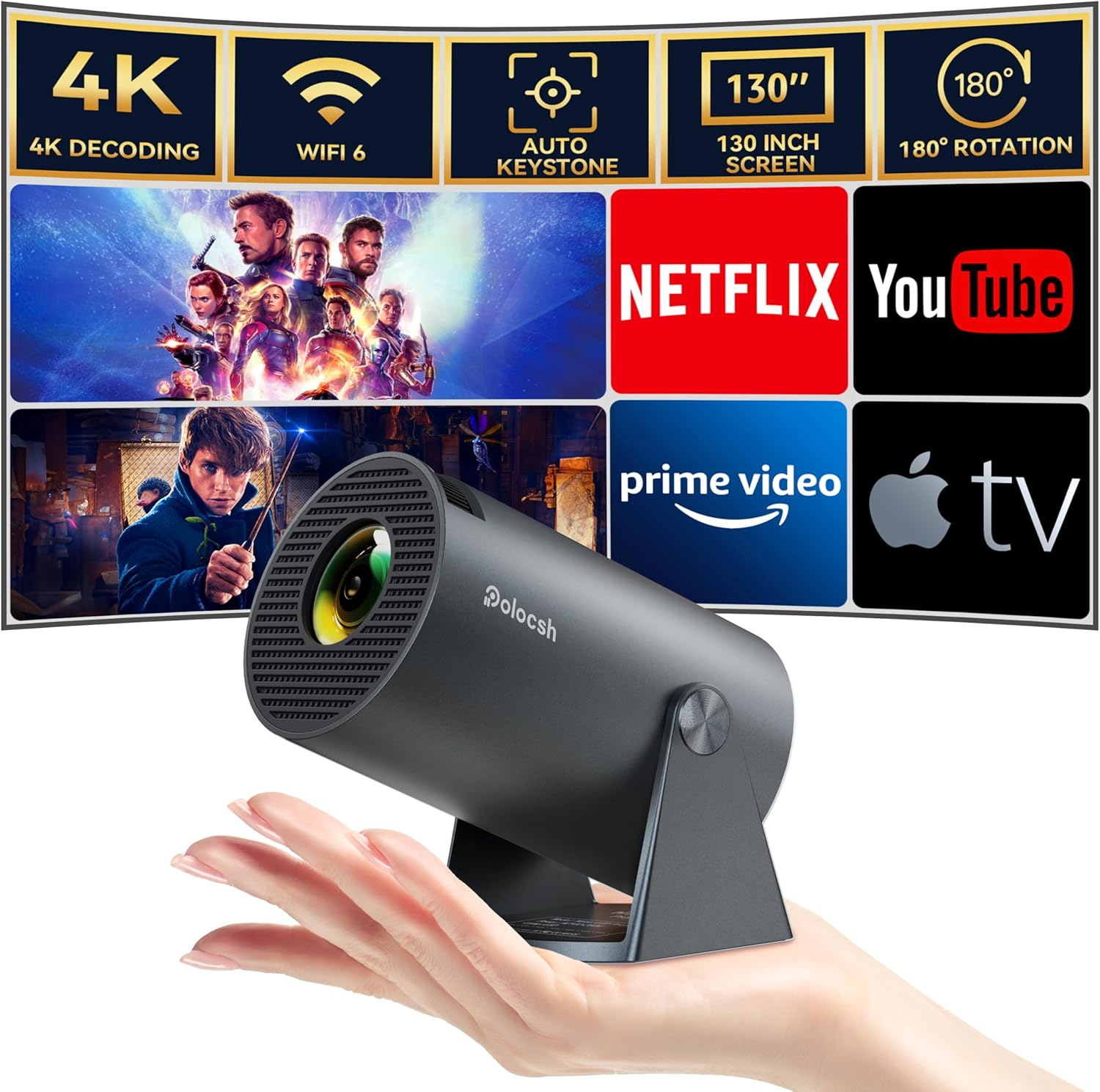 Mini Projector, Polocsh WiFi6 and BT5.2 Portable Projektor 4K Support with Android 11.0, 180° Rotatable, Auto Keystone, 130″ Display and 50% Zoom,Outdoor Projector 2025 Upgrade, Steelgrey
