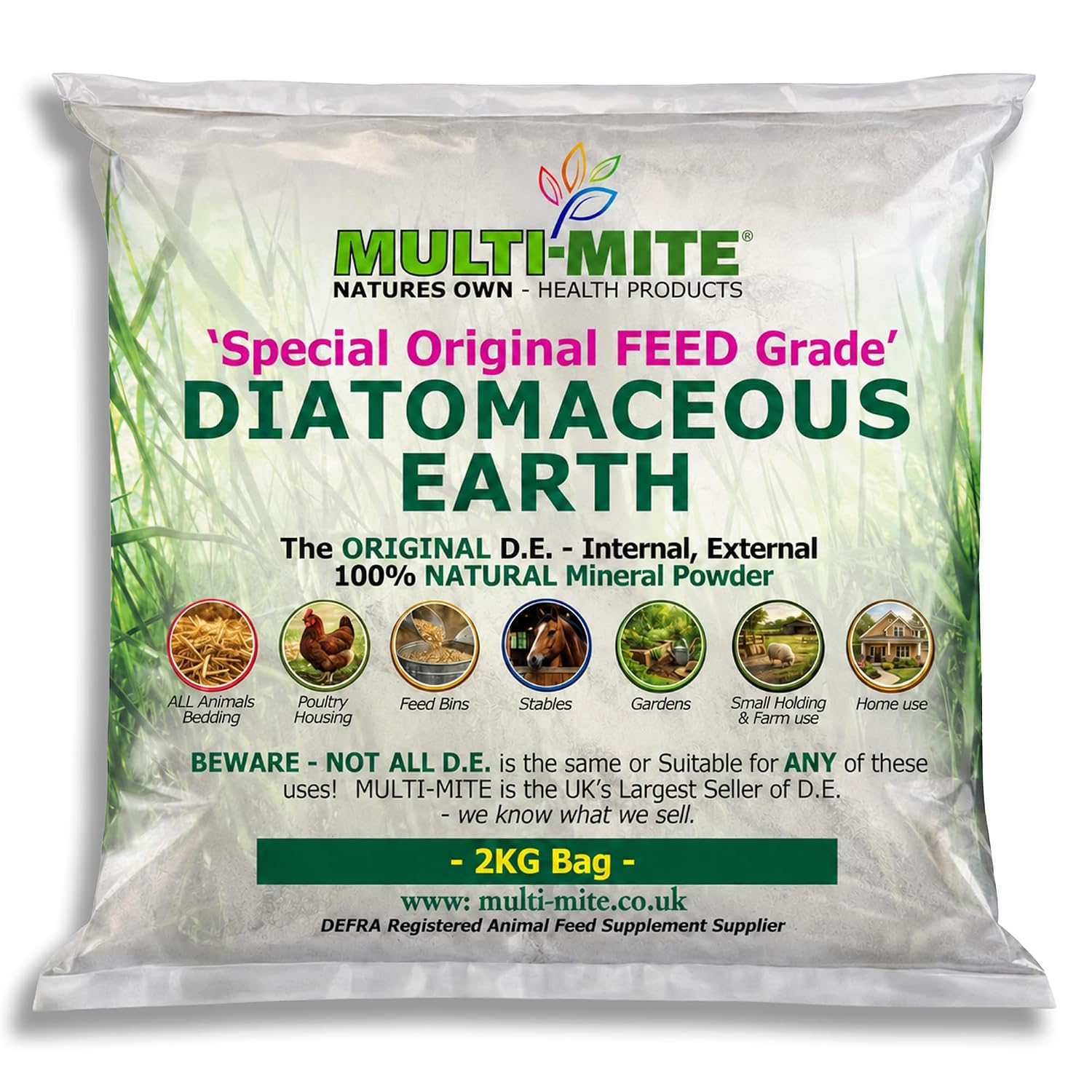 Multi-Mite 2KG Bag Feed Grade Diatomaceous Earth DE Powder for Dogs Cats Poultry Animal Bedding & Housing Pet Areas, Stables, Gardens. 100% Natural Highly Absorbent & Desiccating DEFRA Registered