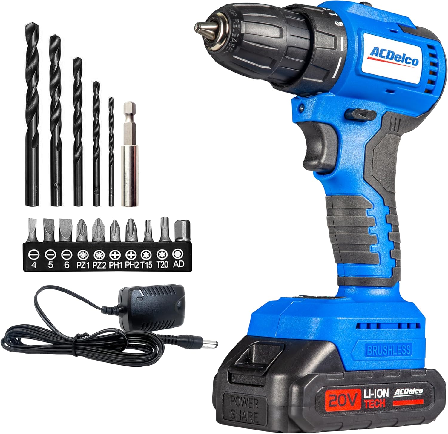 ACDelco 20V Cordless Drill Driver, 20V Electric Drill with 1500mAh Battery, 2 Speed 1,300 RPM Brushless Motor, 32Nm + 21 Torque Settings, LED Light, 10 pc Hex Driver Set