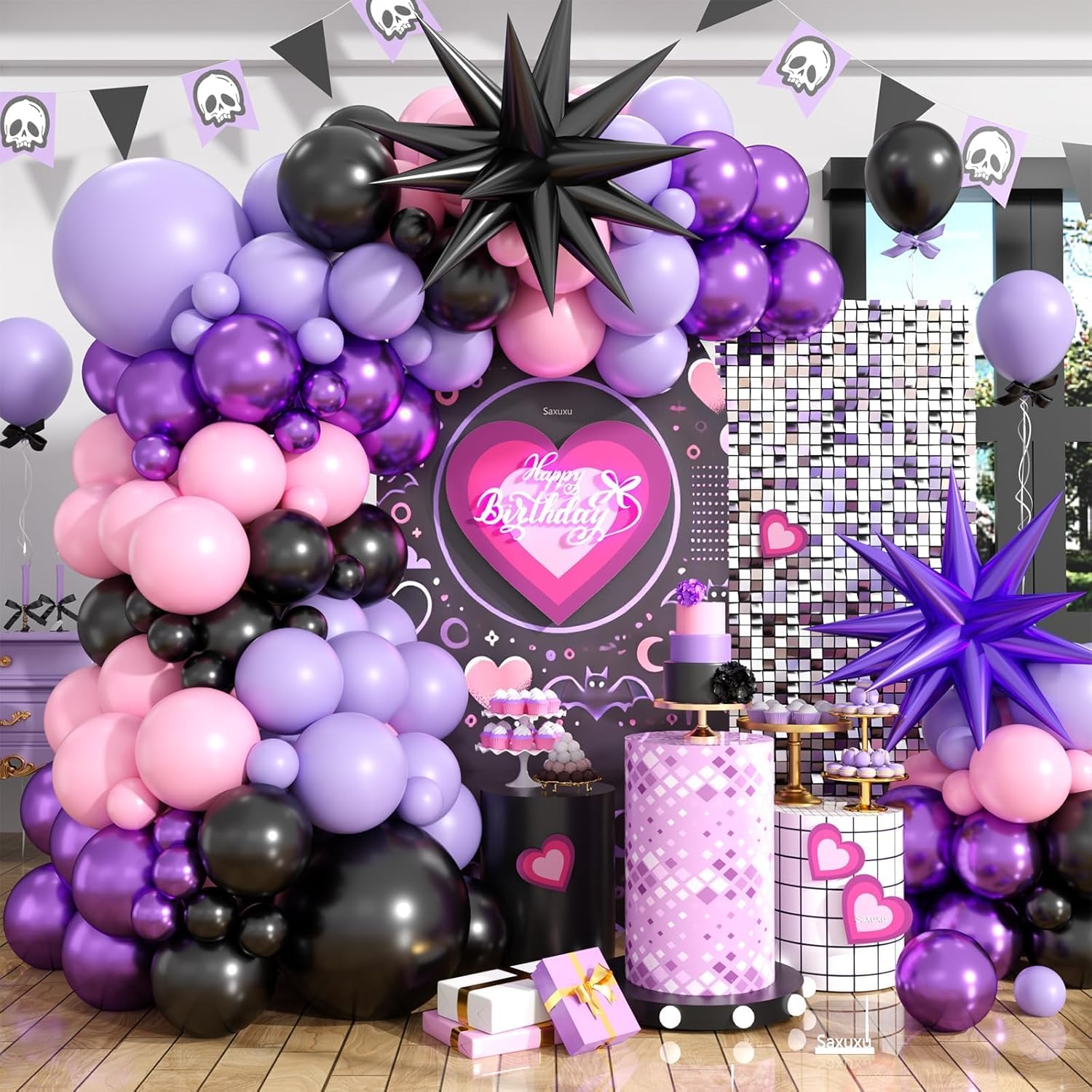 Pink and Purple Balloon Arch Garland Kit, Black Macaron Metallic Purple Pink Birthday Balloons, Star Foil Balloons for Princess Girl Theme Birthday Decorations Baby Shower Party Backdrop
