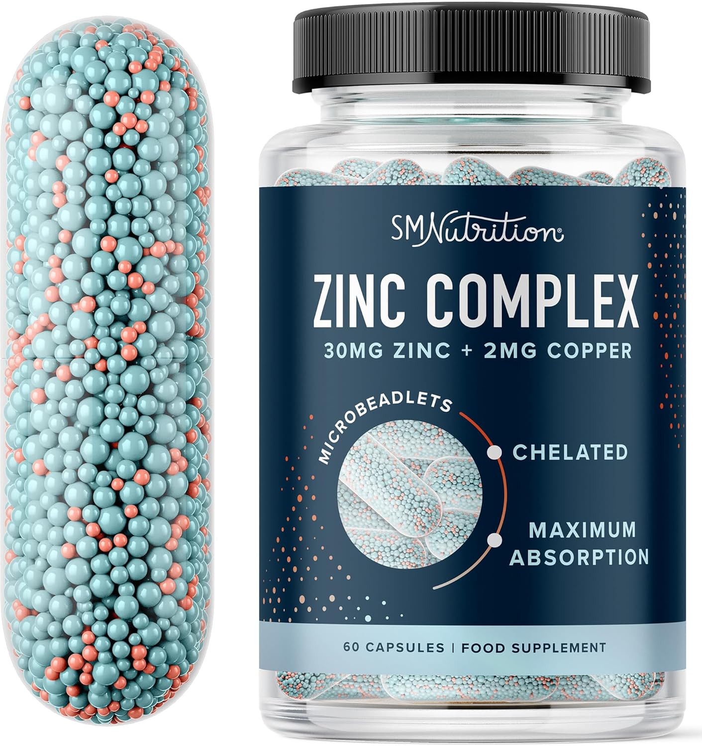 Zinc 30mg Microbeadlets with Copper | Highly Absorbable Zinc Bisglycinate & Orotate with 2mg Chelated Copper + Vitamin B6 | Vegan, Gluten-Free | Acne Support Supplements | 60 Capsules