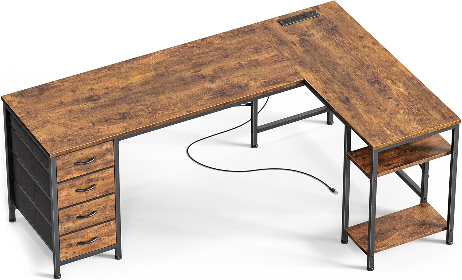 Huuger 63 Inch L Shaped Desk with Fabric Drawers, Computer Office Desk with Power Outlets and USB-C Port, Corner Desk with Storage Shelves, for Gaming Work Study Home Office, Reversible, Rustic Brown