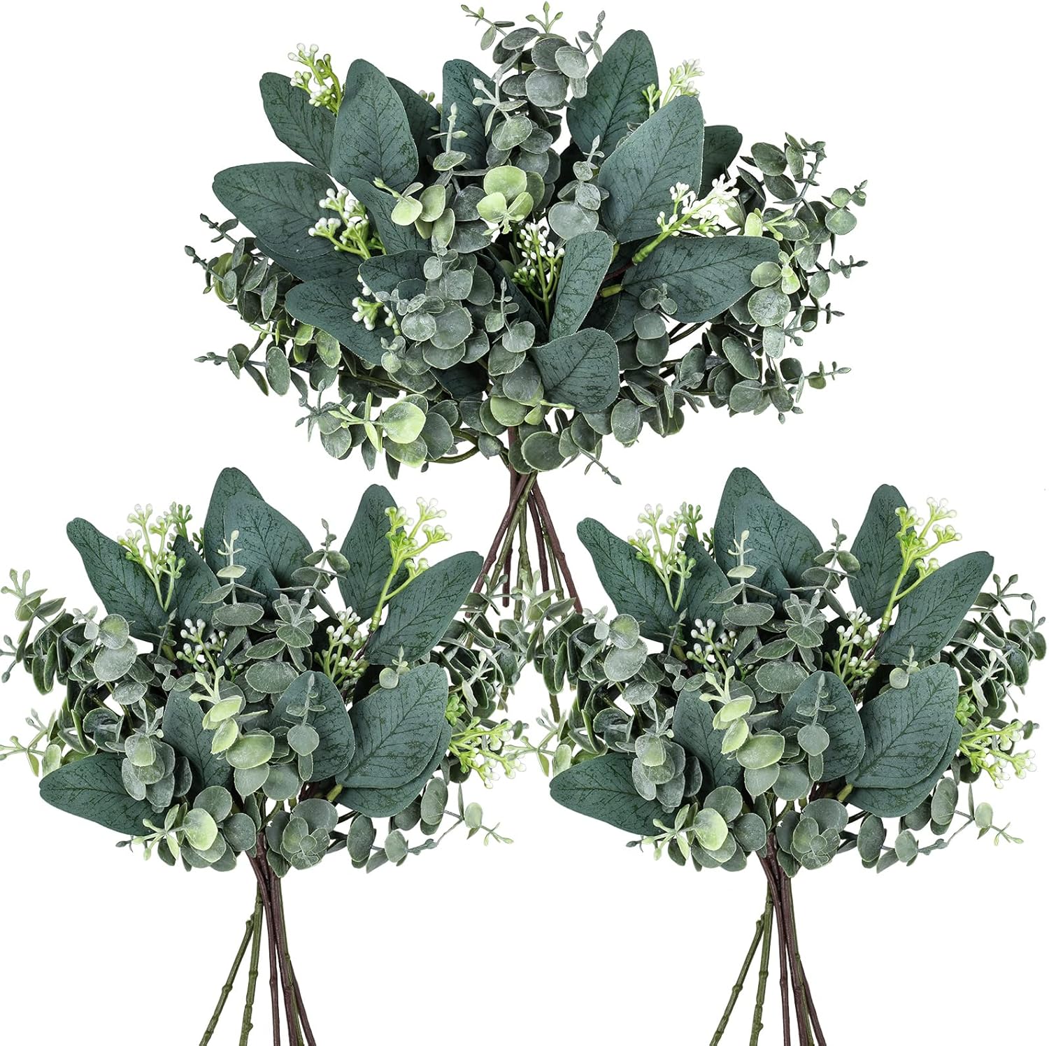 Winlyn 20 Pcs Mixed Artificial Oval Eucalyptus Leaves Bulk with White Seeds Stems and Spray for Vase Floral Wreath Bouquets Wedding Greenery Decoration