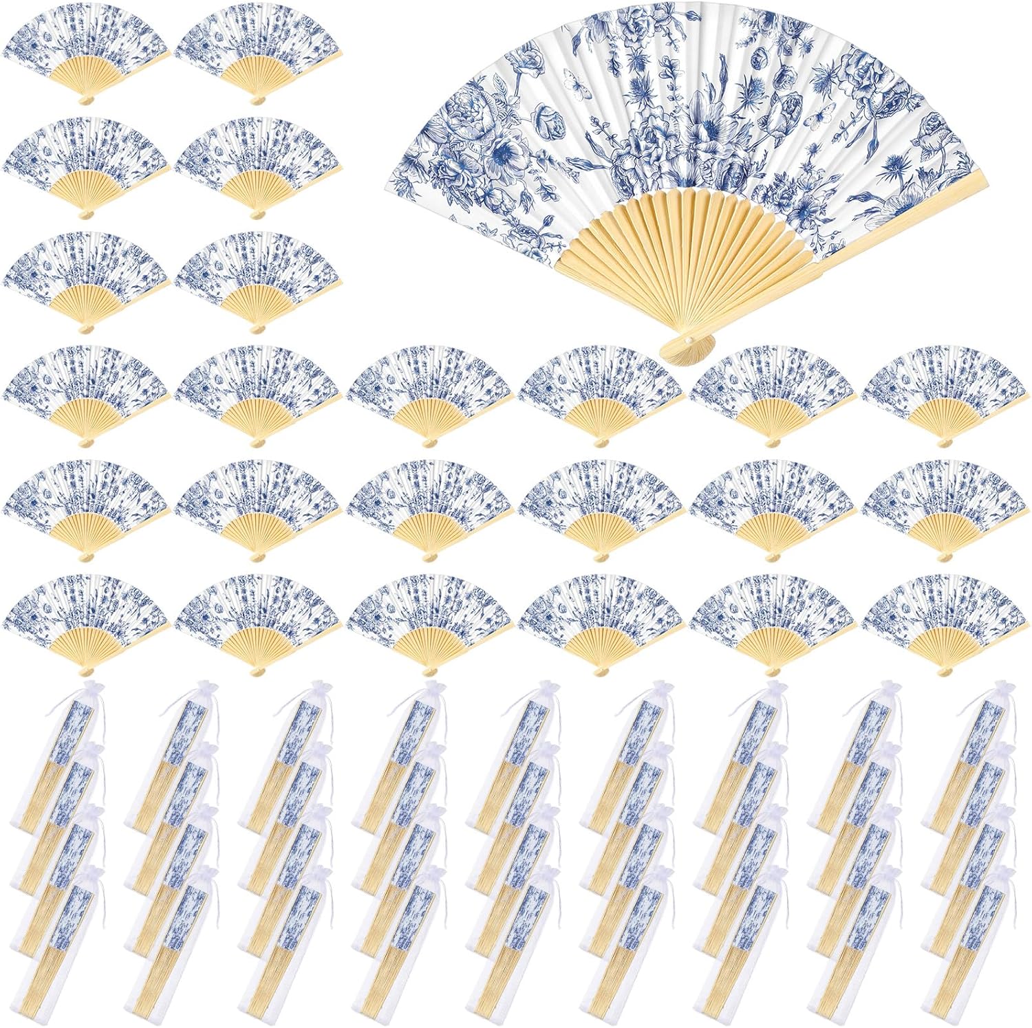 50 Sets Blue Floral Folding Fans with Organza Bags Bulk Vintage Handheld Paper Fans for Wedding Favors, Bridal Showers, Bridesmaid Gifts, and Event Decorations
