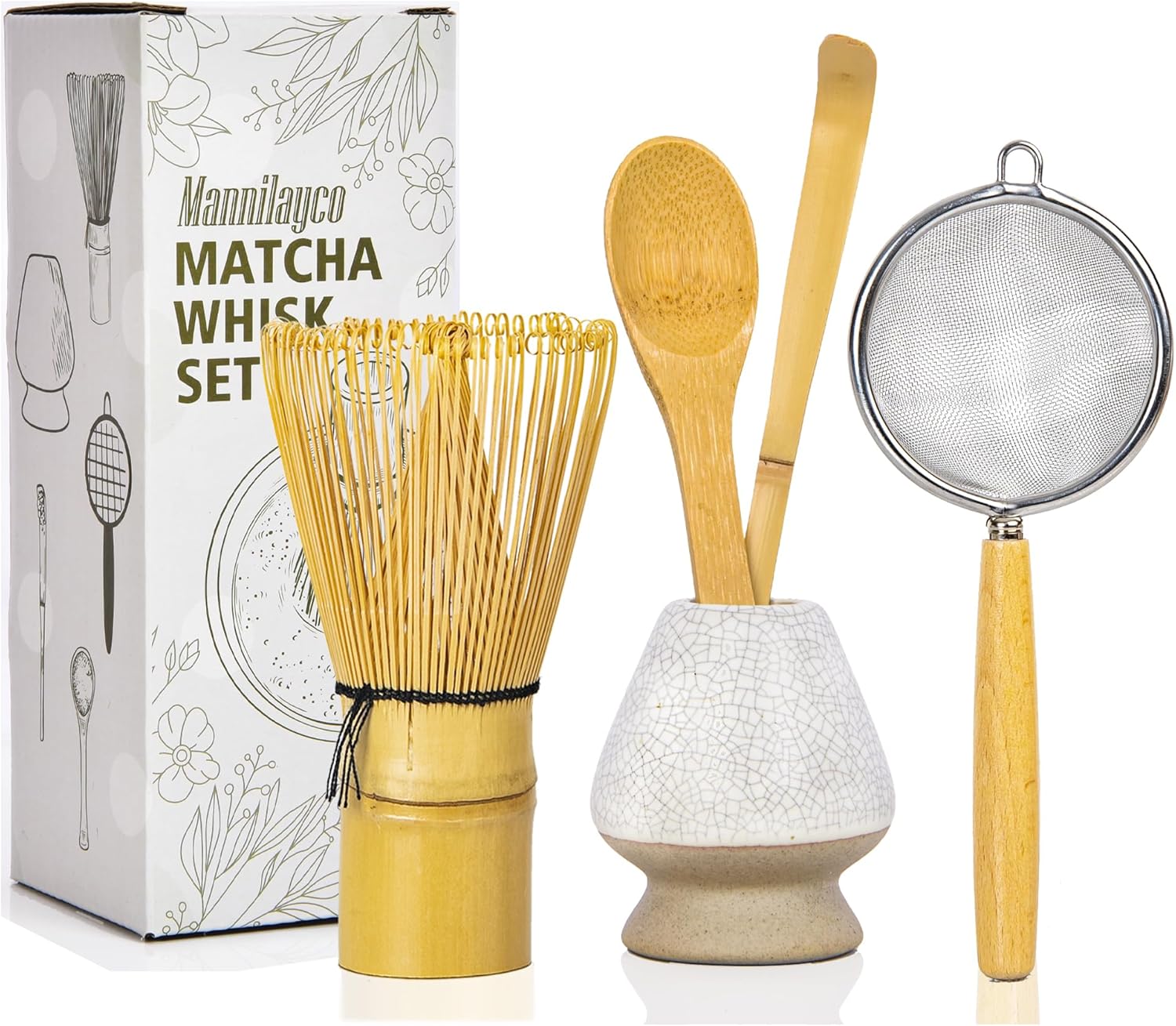 Bamboo Matcha Whisk Set 5pcs, Matcha Whisk, Whisk Holder, Traditional Tea Scoop Chashaku, Tea Spoon, Powder Starter Sifter, Japanese Tea Tools For Ceremony, Basic Matcha Tea Making Kit for Tea Lovers