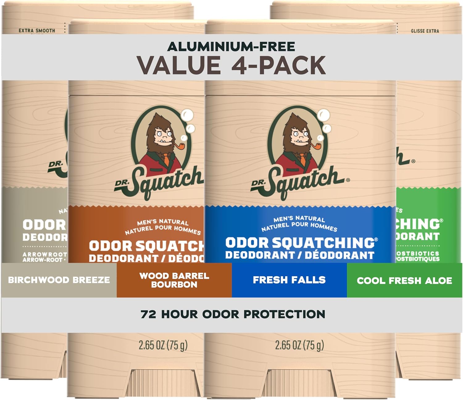 2.65oz Wide Stick Deodorant 4-Pack Birchwood Breeze, Wood Barrel Bourbon, Cool Fresh Aloe, Fresh Falls