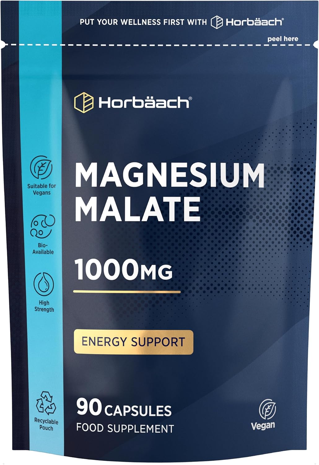 Magnesium Malate Capsules 1000mg | High Absorption Elemental | High Strength Supplement | 90 Vegan Capsules | by Horbaach