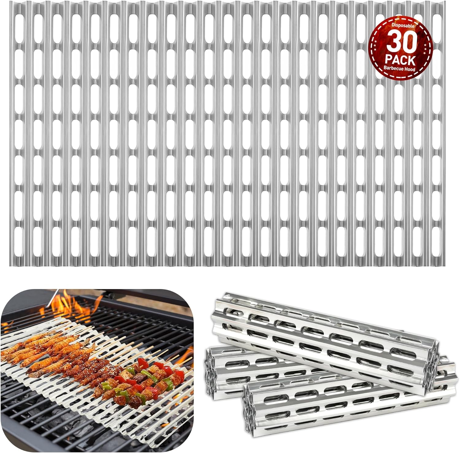 30 Pack Disposable Aluminum Grill Liners, 12" x 20" Heavy Duty Grill Topper for Outdoor BBQ, No-Mess Grill Liner Sheets, Reusable Grill Grates, Grill Accessories for Charcoal & Gas Grills