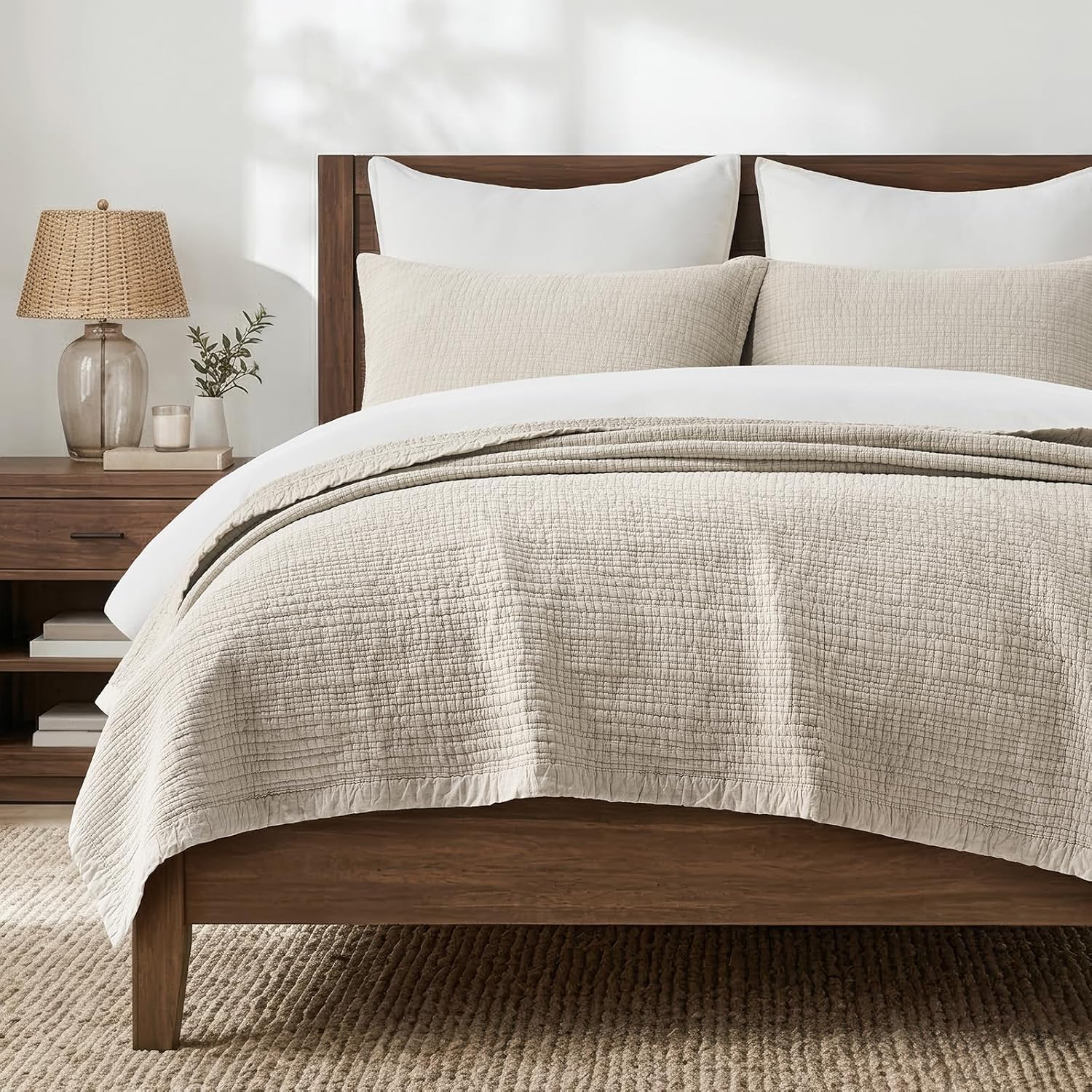 EverGrace Stonewashed Textured Cotton Quilt Set, King Size, Flax Beige