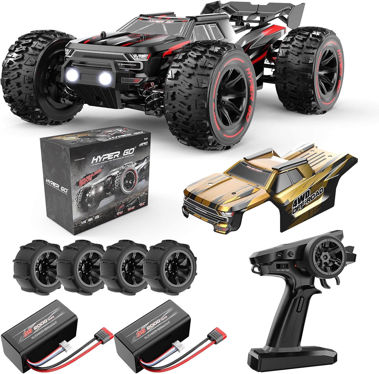 HYPER GO 14210 H14BM V3 1/14 Brushless RC Cars for Adults Fast 50 mph, RC Trucks 4X4 Offroad Waterproof, Electric Powered High Speed RC Car, Fast Extreme RC Truggy with 3S Battery for Snow Sand