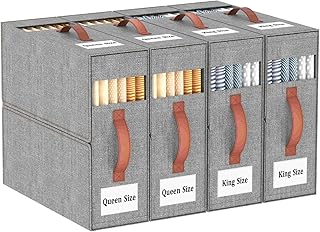 4 Pack Grey Bed Sheet Organizer with Band, Bedding Sheets Set (Queen & King) Storage Box, 2 Windows & 2 Handles, Foldable Linen Sheet Storage Container for Closet Organizing
